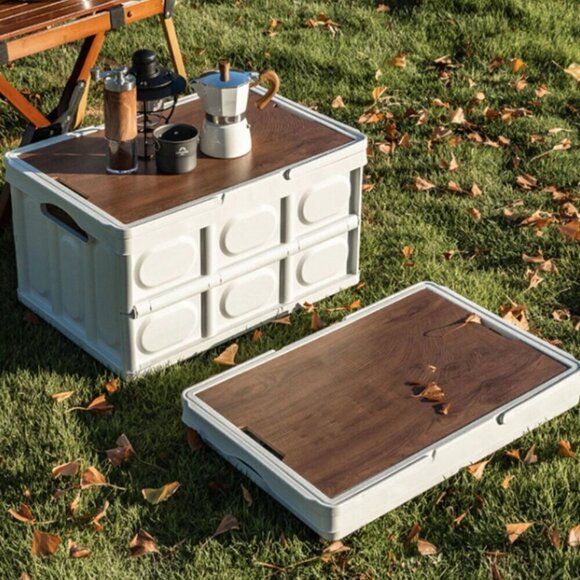 Picnic Camping Concert Handled Tote Collapsable with Wood Look Lid - Picture 2 of 5